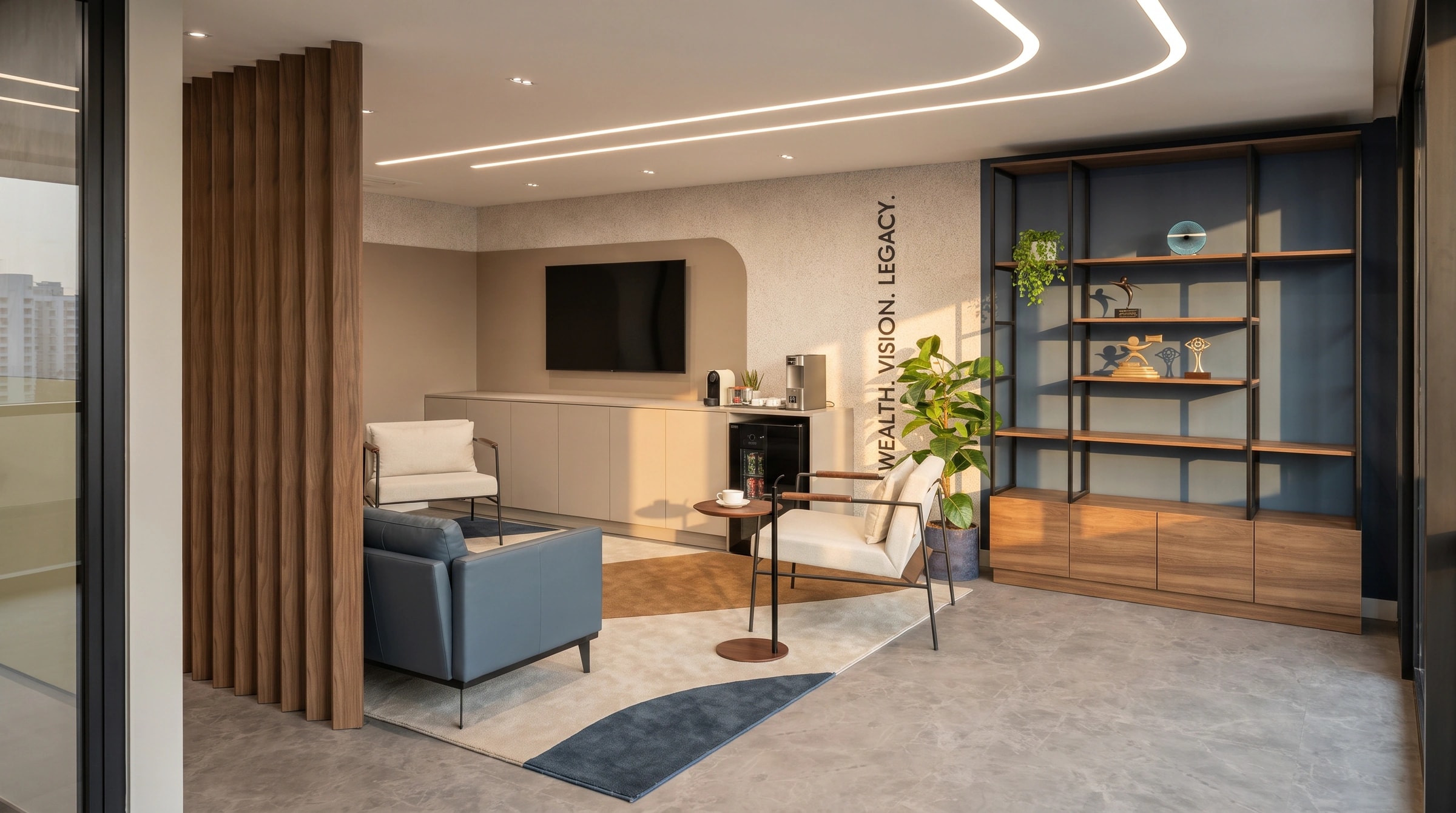 Lounge do escritório de investimentos, com sofá azul, poltronas e estante escura